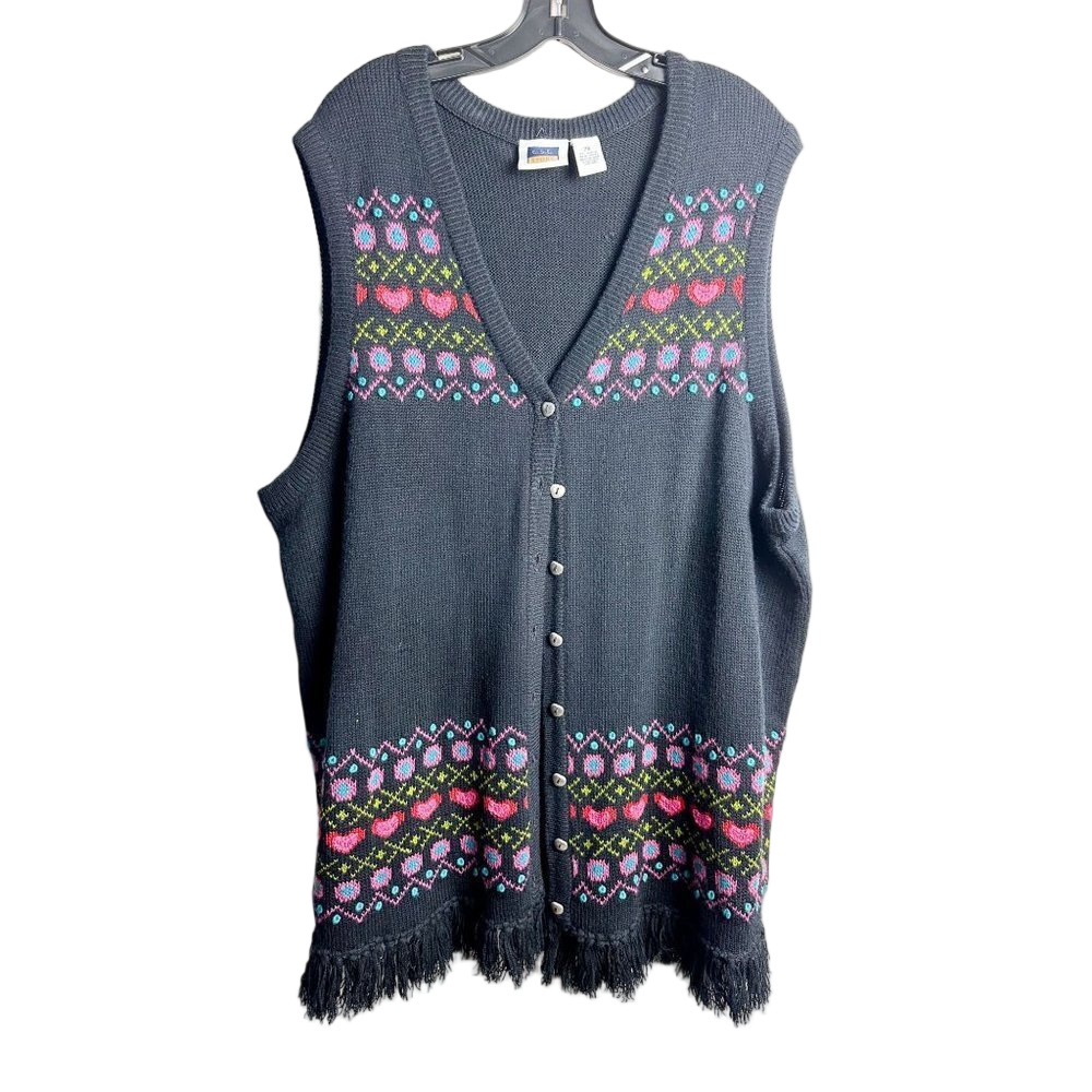 Vintage CST Sport 2X Heart Embroidered Fringe Sleeveless Sweater Vest Black Plus